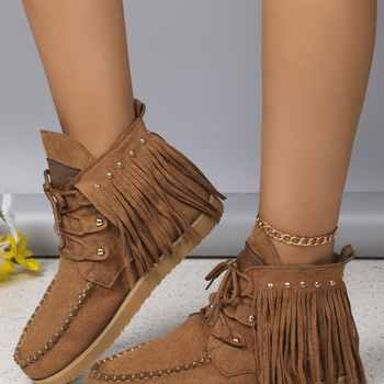 Európai és amerikai külkereskedelmi plus size 2024 új bojtos fűzős bokacsizma női western farmer velúr lapos talpú chelsea női csizma