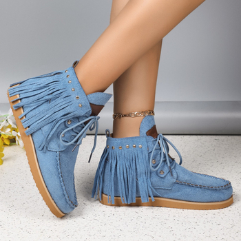 Ευρωπαϊκό και Αμερικανικό Εξωτερικό Εμπόριο για μεγάλα μεγέθη 2024, Νέες μπότες αστραγάλου με φούντες και κορδόνια, γυναικείες μπότες Chelsea από τζιν Western, σουέτ, επίπεδες