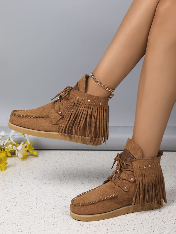 Európai és amerikai külkereskedelmi plus size 2024 új bojtos fűzős bokacsizma női western farmer velúr lapos talpú chelsea női csizma