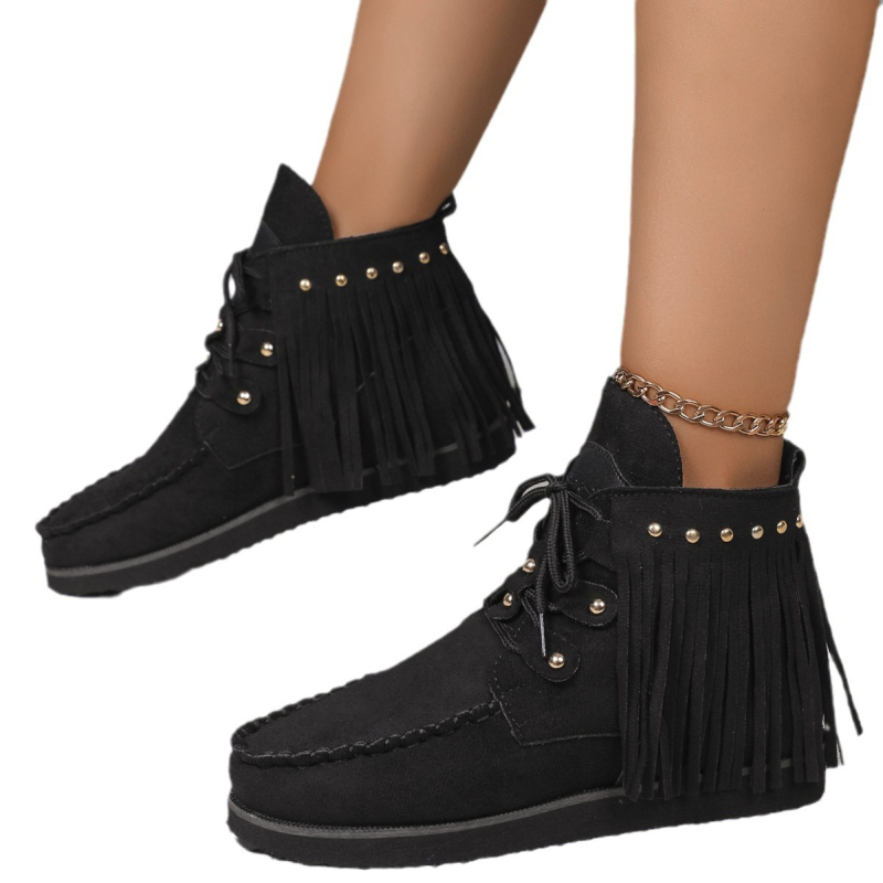 Európai és amerikai külkereskedelmi plus size 2024 új bojtos fűzős bokacsizma női western farmer velúr lapos talpú chelsea női csizma