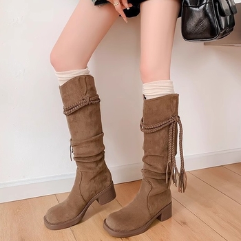 Muxuan ~ 5 cm retro čizme od konoplje s resicama, viteške čizme s debelom petom, ne više od koljena, čizme za mršavljenje, hrpaste čizme za žene