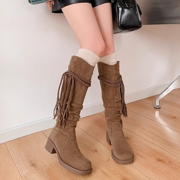 Muxuan ~ 5 cm retro čizme od konoplje s resicama, viteške čizme s debelom petom, ne više od koljena, čizme za mršavljenje, hrpaste čizme za žene