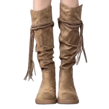 Muxuan ~ 5 cm retro čizme od konoplje s resicama, viteške čizme s debelom petom, ne više od koljena, čizme za mršavljenje, hrpaste čizme za žene