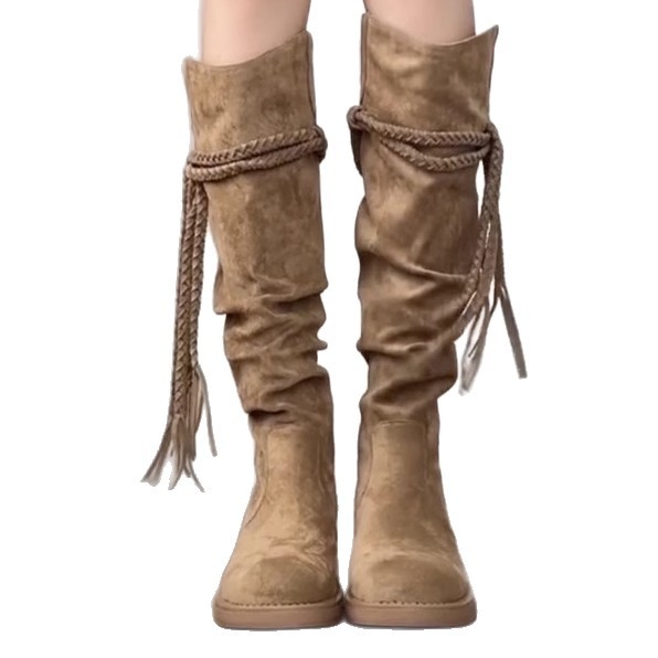 Muxuan ~ 5 cm retro čizme od konoplje s resicama, viteške čizme s debelom petom, ne više od koljena, čizme za mršavljenje, hrpaste čizme za žene