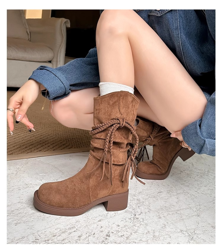 Muxuan ~ 5 cm retro čizme od konoplje s resicama, viteške čizme s debelom petom, ne više od koljena, čizme za mršavljenje, hrpaste čizme za žene