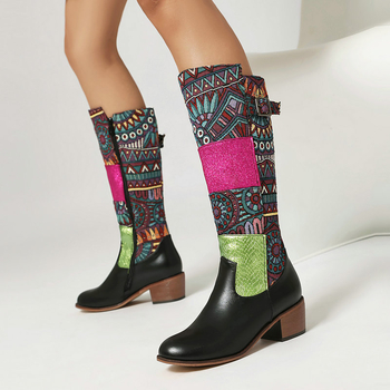Nove čizme do koljena u retro etničkom stilu za europsku i američku vanjsku trgovinu, ženske visoke čizme s kontrastnim šivanjem u boji