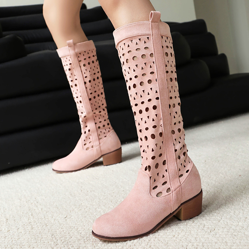 New England proljetne i ljetne čizme s visokom petom, hladne čizme s debelom srednjom petom, čizme s šupljom rupom 33-47 Amazon Foreign Trade Shoes