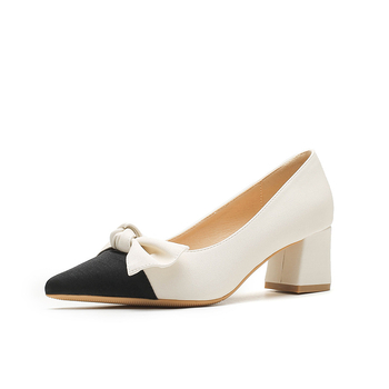 Απαλά βραδινά γαλλικά παπούτσια με μυτερή μύτη, ρηχό στόμα και χοντρό τακούνι, γυναικεία μονόχρωμα παπούτσια σε στυλ Chanel, κομψά, all-match ψηλοτάκουνα παπούτσια.