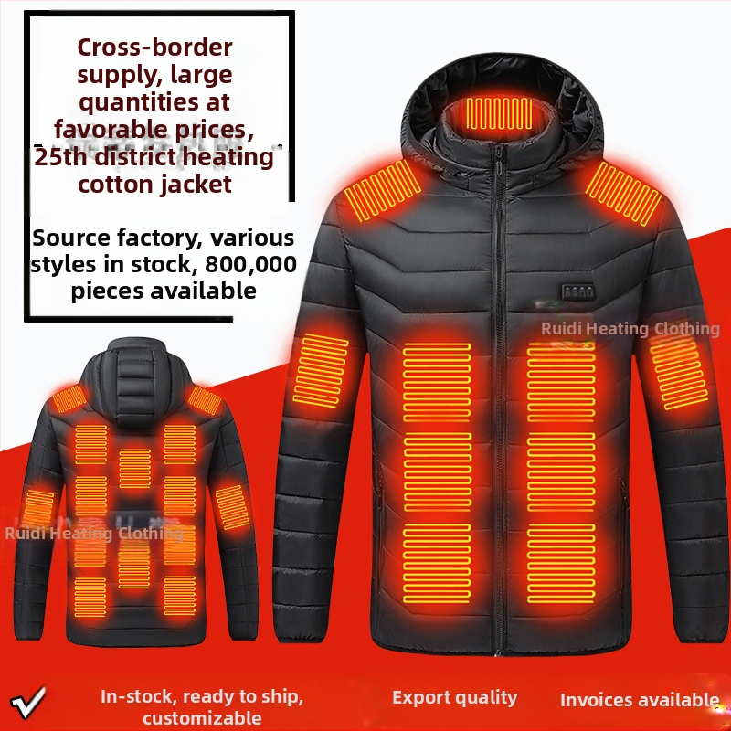 Pamučni kaput s četiri kontrolera i 25 zona grijanja, nova odjeća za grijanje velikih površina, europska i američka prekogranična popularna veleprodaja pamučnog kaputa s grijanjem