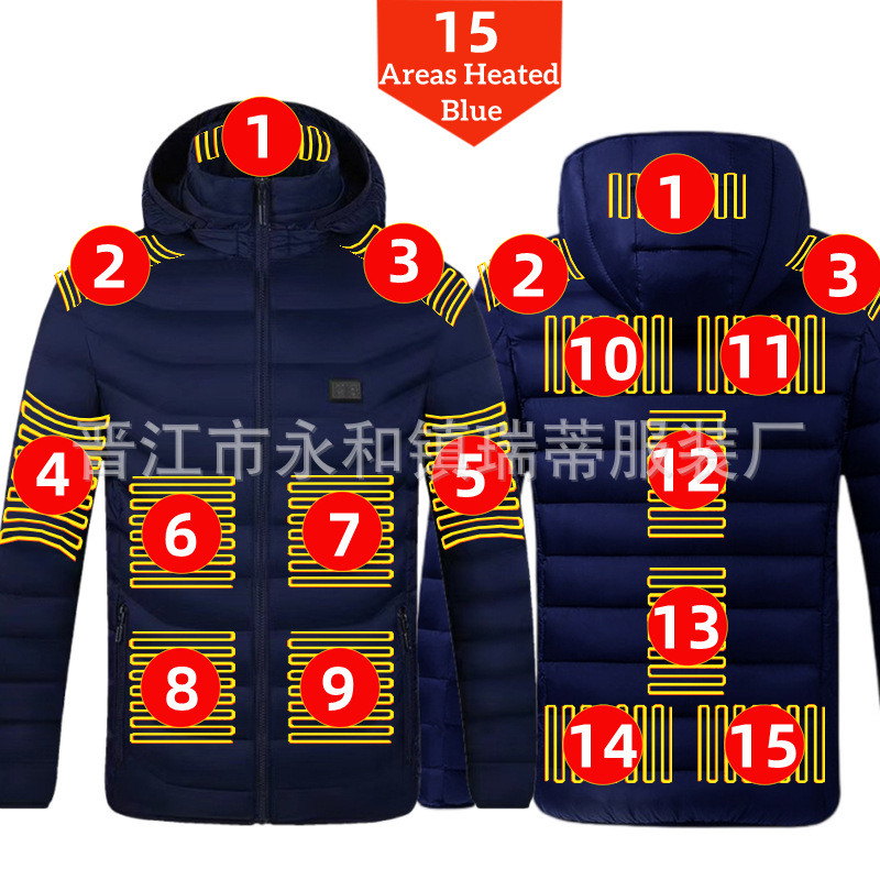 Pamučni kaput s četiri kontrolera i 25 zona grijanja, nova odjeća za grijanje velikih površina, europska i američka prekogranična popularna veleprodaja pamučnog kaputa s grijanjem