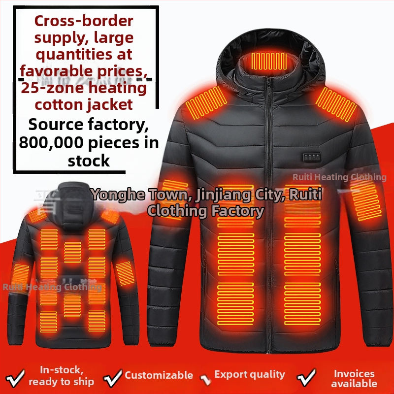 Pamučni kaput s četiri kontrolera i 25 zona grijanja, nova odjeća za grijanje velikih površina, europska i američka prekogranična popularna veleprodaja pamučnog kaputa s grijanjem