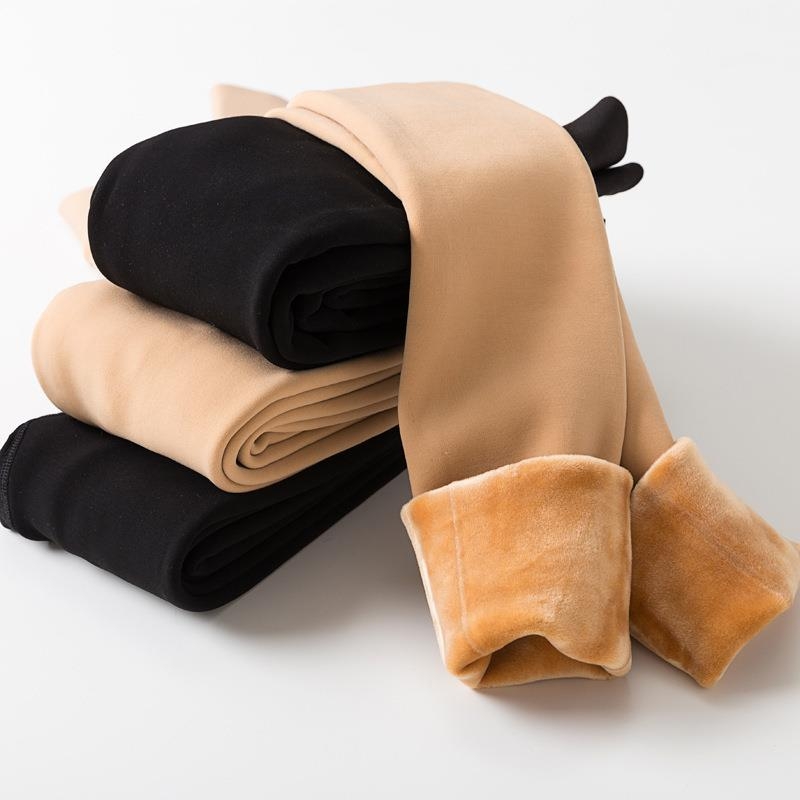 Megztos viršutinio drabužio tamprės su fliso pamušalu, labai elastingos, rudeniui ir žiemai, pastorintos, vientisos, šiltos ir besiūlės „Bare-Kreat Illusion“ stiliaus kelnės.