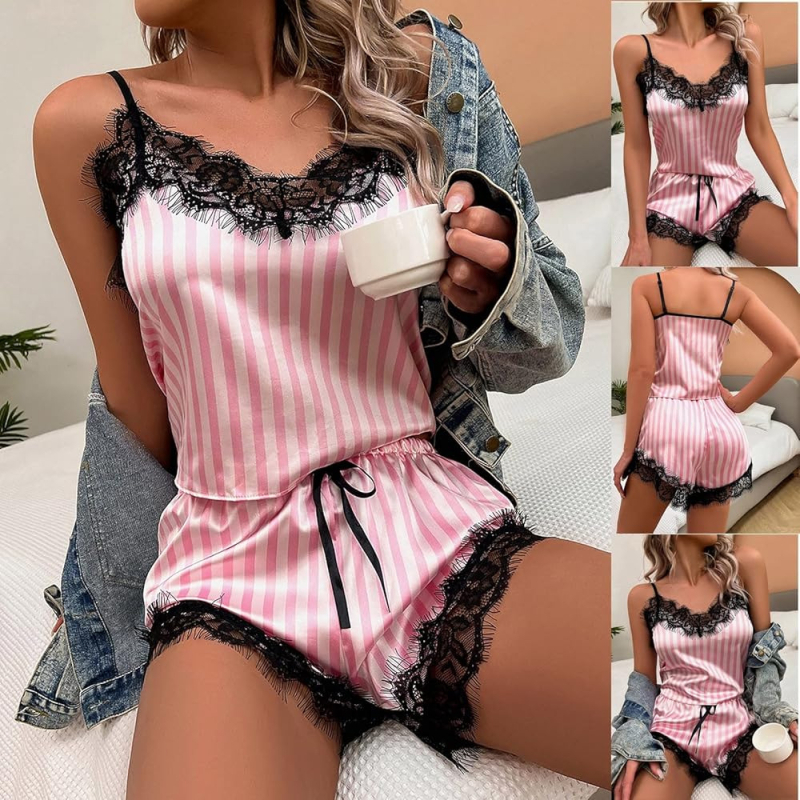 Europietiško ir amerikietiško stiliaus tarpvalstybinės petnešos, rožinės dryžuotos, dirbtinio šilko pižamos, vasarinės petnešos, šortai, kostiumas moterims, seksualus namams