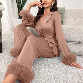 Γυναικείο κοστούμι για το σπίτι, ευρωπαϊκό και αμερικανικό, σέξι, μοντέρνο, πολύχρωμο, με δίχτυ και μανίκια, πιτζάμες με σατέν μανίκια