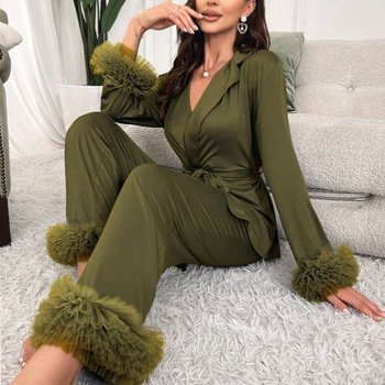 Γυναικείο κοστούμι για το σπίτι, ευρωπαϊκό και αμερικανικό, σέξι, μοντέρνο, πολύχρωμο, με δίχτυ και μανίκια, πιτζάμες με σατέν μανίκια