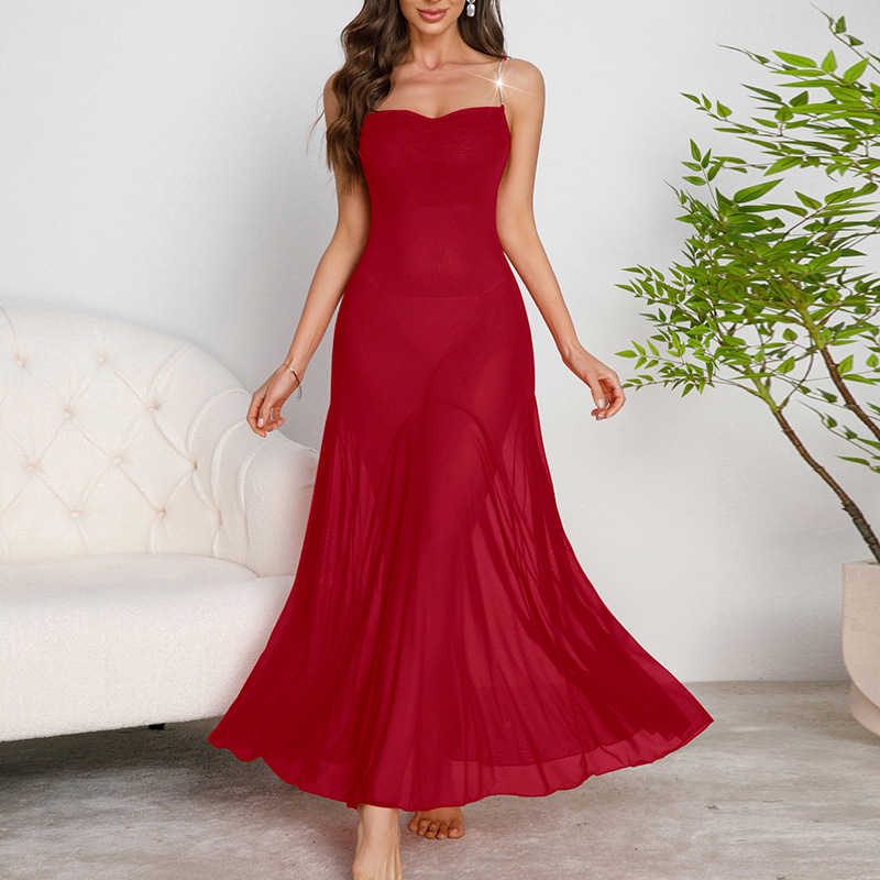 „Muffy Cross-Border Amazon“ metalinė grandinėlė su petnešėlėmis, ilgas sijonas, sūpuojamoji apykaklė, seksualūs tinkliniai naktinukai, įvairių spalvų, 879