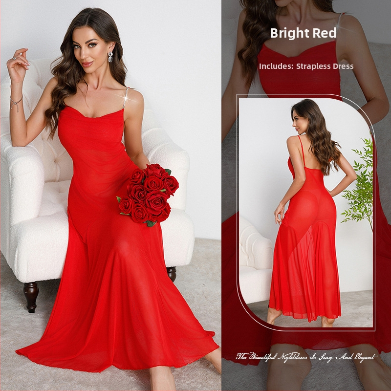 „Muffy Cross-Border Amazon“ metalinė grandinėlė su petnešėlėmis, ilgas sijonas, sūpuojamoji apykaklė, seksualūs tinkliniai naktinukai, įvairių spalvų, 879