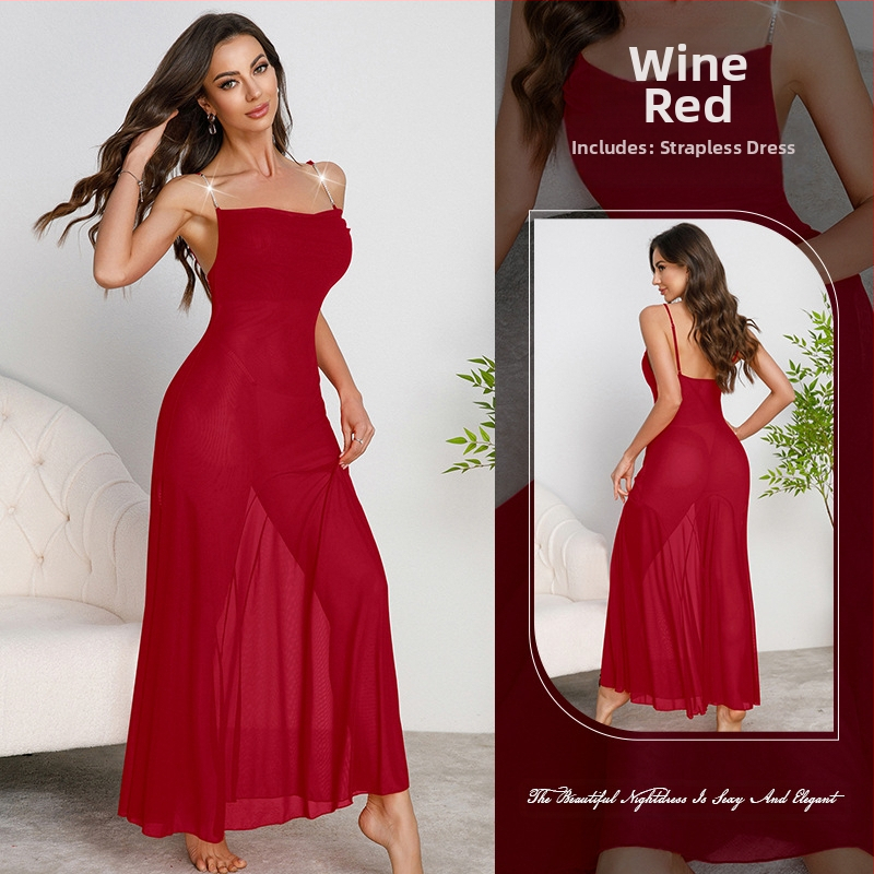 „Muffy Cross-Border Amazon“ metalinė grandinėlė su petnešėlėmis, ilgas sijonas, sūpuojamoji apykaklė, seksualūs tinkliniai naktinukai, įvairių spalvų, 879