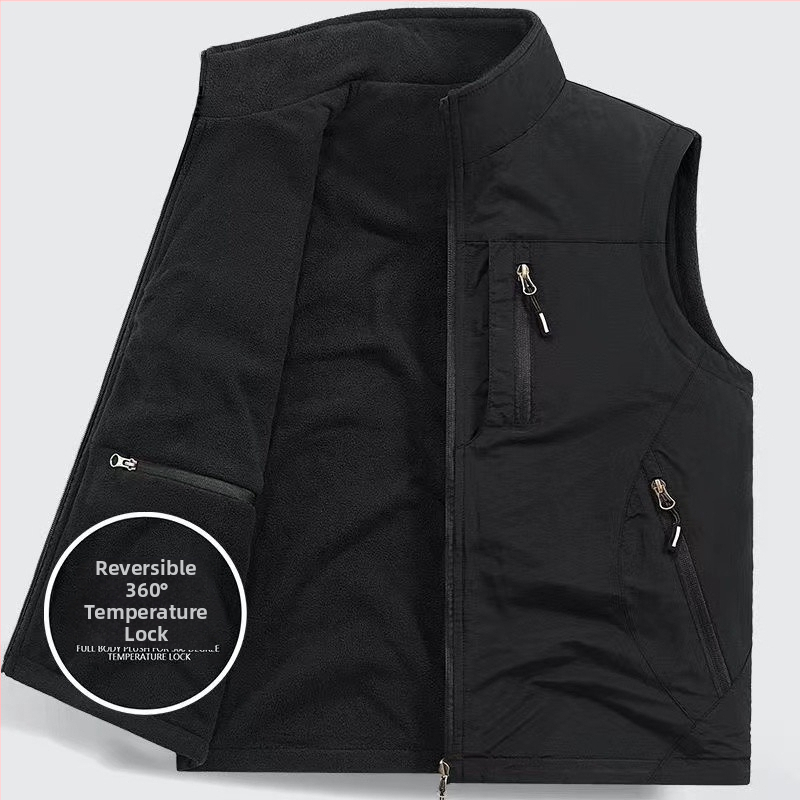 Двустранен удебелен жилет от полар, с джоб от полар и подплата от полар, за мъже на открито, плюс размер, жилетка без ръкави