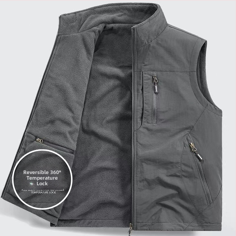 Dvipusė sustorinta liemenė su kišenėmis, vilnos pamušalu, vyriška liemenė be rankovių, skirta dideliems dydžiams.