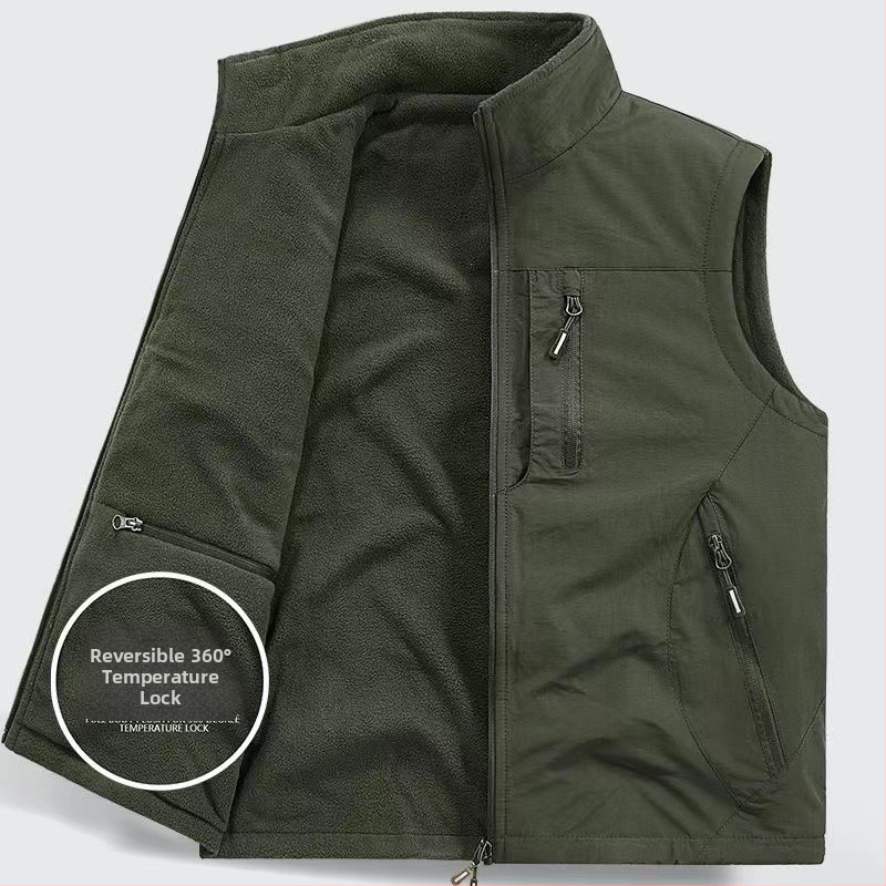 Dvipusė sustorinta liemenė su kišenėmis, vilnos pamušalu, vyriška liemenė be rankovių, skirta dideliems dydžiams.