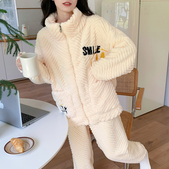 Χειμερινές χαλαρές, φλις επενδεδυμένες, παχιές αθλητικές πιτζάμες κορεάτικου στυλ για κορίτσια, ζεστά ρούχα σπιτιού, μπορούν να φορεθούν και εκτός σπιτιού.