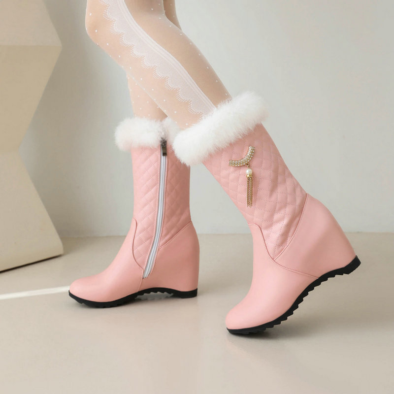 Pantofi de iarnă pentru femei, cizme de zăpadă, cizme din bumbac, cizme cu toc înalt, cizme până la jumătatea gambei, fermoar lateral, cizme Martin, cizme calde pentru femei, cizme scurte cu înălțime interioară care cresc