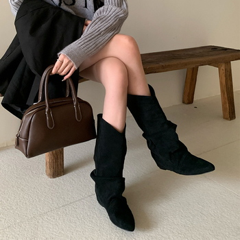 Cizme de damă cu înălțime interioară din piele întoarsă, plisată, pentru femei, toamna și iarna 2024, cizme de cowboy western noi, cu rever, cizme de mijloc pentru femei