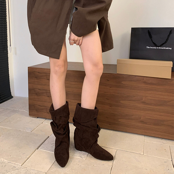 Cizme de damă cu înălțime interioară din piele întoarsă, plisată, pentru femei, toamna și iarna 2024, cizme de cowboy western noi, cu rever, cizme de mijloc pentru femei