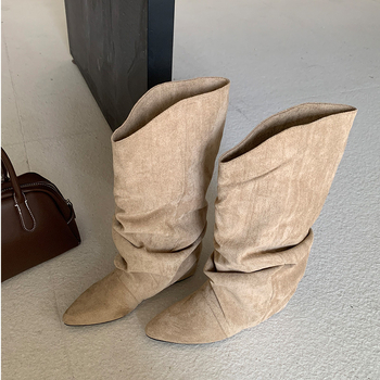 Cizme de damă cu înălțime interioară din piele întoarsă, plisată, pentru femei, toamna și iarna 2024, cizme de cowboy western noi, cu rever, cizme de mijloc pentru femei