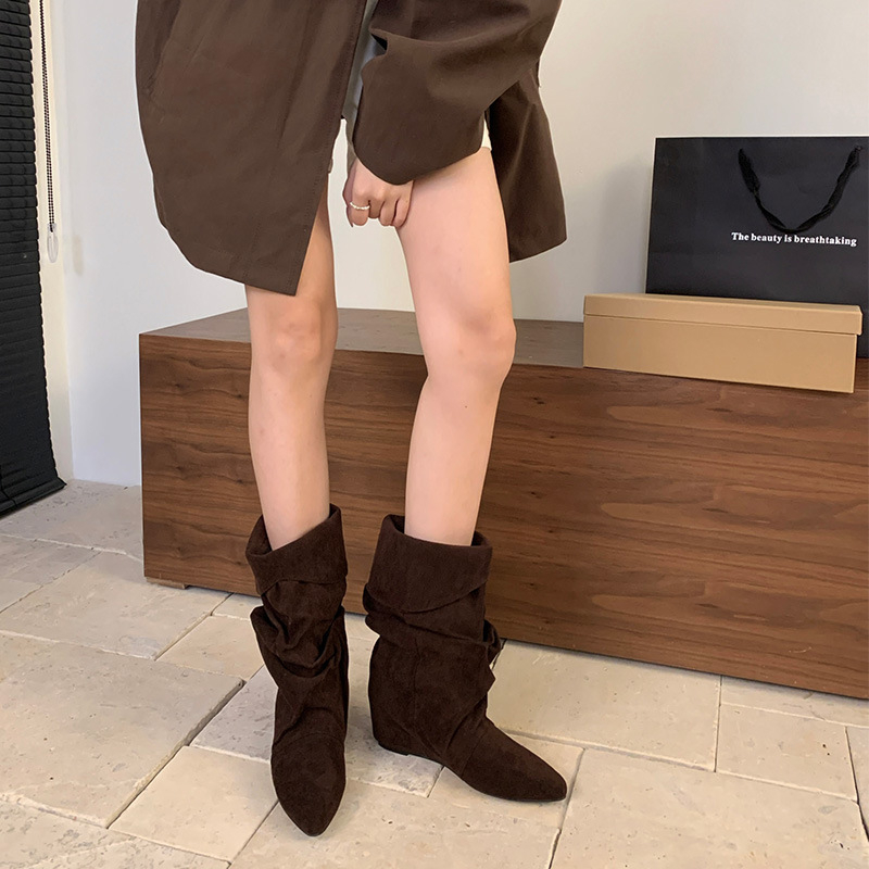 Cizme de damă cu înălțime interioară din piele întoarsă, plisată, pentru femei, toamna și iarna 2024, cizme de cowboy western noi, cu rever, cizme de mijloc pentru femei