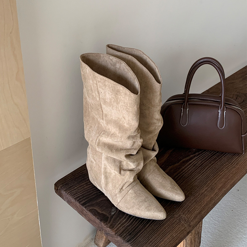 Cizme de damă cu înălțime interioară din piele întoarsă, plisată, pentru femei, toamna și iarna 2024, cizme de cowboy western noi, cu rever, cizme de mijloc pentru femei