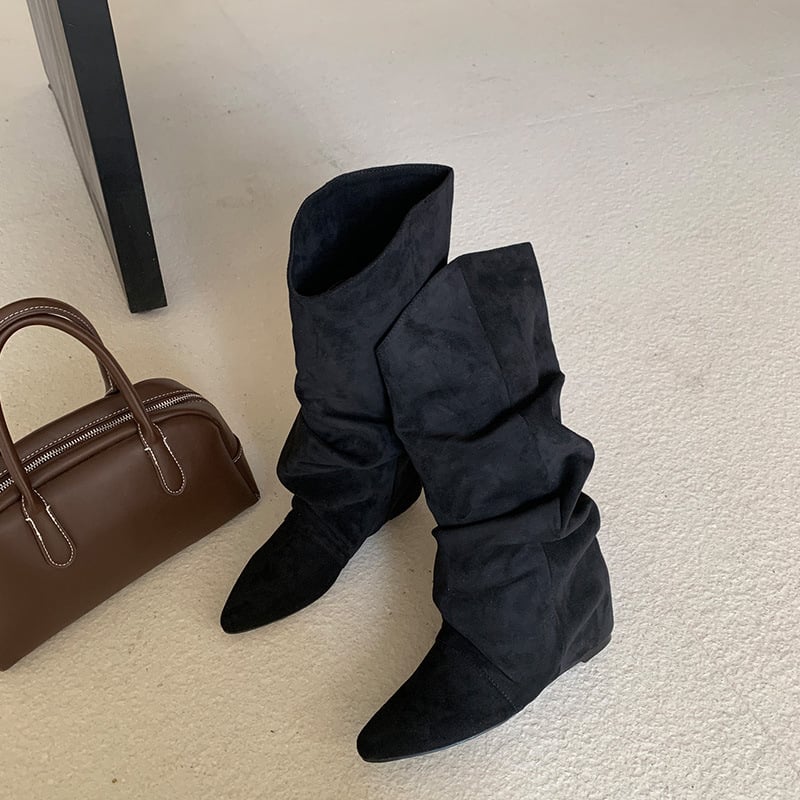 Cizme de damă cu înălțime interioară din piele întoarsă, plisată, pentru femei, toamna și iarna 2024, cizme de cowboy western noi, cu rever, cizme de mijloc pentru femei