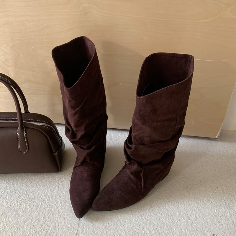 Cizme de damă cu înălțime interioară din piele întoarsă, plisată, pentru femei, toamna și iarna 2024, cizme de cowboy western noi, cu rever, cizme de mijloc pentru femei