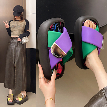 Papuci de damă în stil retro Hong Kong, stil nou, stradă, gură de pește, cruce, talpă groasă, Internet, celebritate, culoare solidă, personalitate dulce, papuci de damă, en-gros