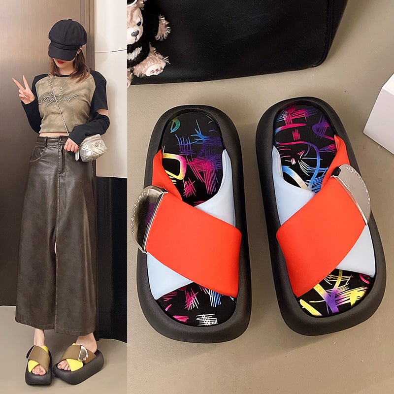 Papuci de damă în stil retro Hong Kong, stil nou, stradă, gură de pește, cruce, talpă groasă, Internet, celebritate, culoare solidă, personalitate dulce, papuci de damă, en-gros