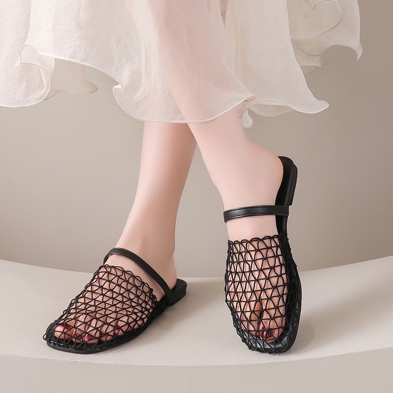 Papuci ușori din plasă țesută, cu vârfuri până la vârf, pentru îmbrăcăminte exterioară, design nou de vară, sandale cu talpă plată și vârfuri rotunde