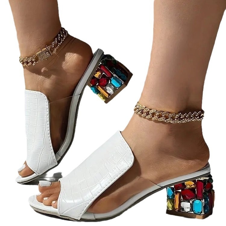 Sandale elegante cu toc mediu, culoare bomboane, pentru femei, mărime plus, europene și americane, cu vârful deschis, haine de exterior, mărime plus, pantofi cu toc gros