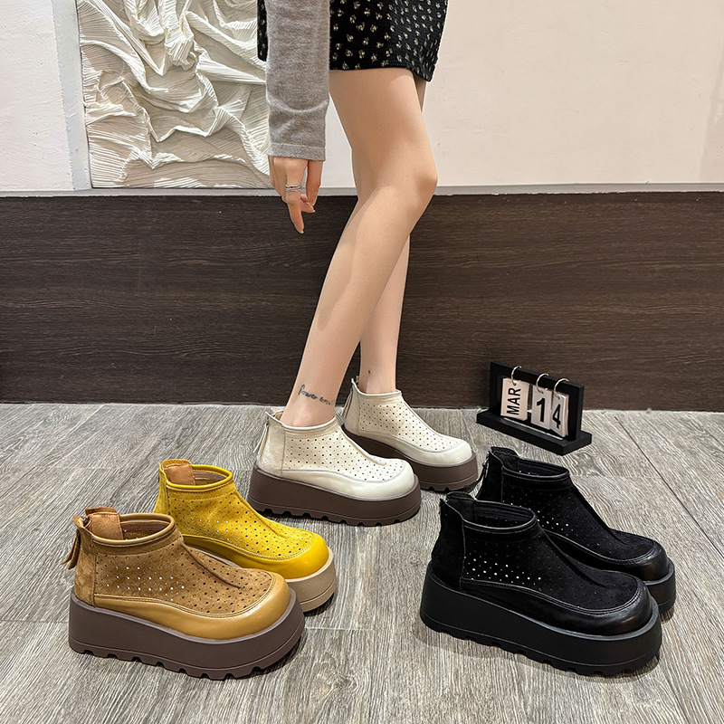 Īstas ādas vintage dobas elpojošas sieviešu sandales 2025. gada vasarai jaunas augsta augstuma ikdienas Burken kurpes caurumu sandales cūku būra apavi