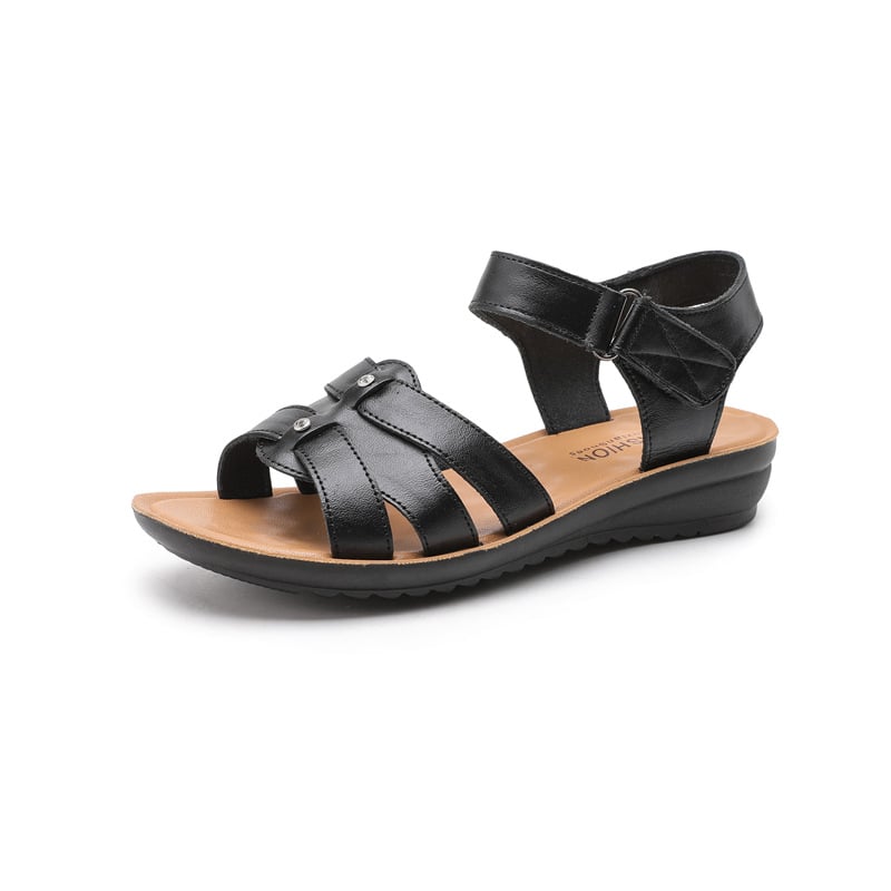 Sandale de damă din piele de vacă cu primul strat, piele naturală, talpă moale, talpă plată confortabilă, pantofi pentru femei de vârstă mijlocie și în vârstă, mărime mare, pantofi pentru vârstnici, stras de vară