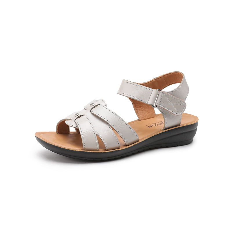 Sandale de damă din piele de vacă cu primul strat, piele naturală, talpă moale, talpă plată confortabilă, pantofi pentru femei de vârstă mijlocie și în vârstă, mărime mare, pantofi pentru vârstnici, stras de vară