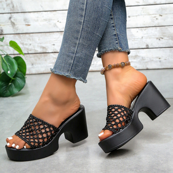 Νέες καλοκαιρινές παντόφλες μεγάλου μεγέθους Cross-Border, μονόχρωμες, υφασμάτινες, ψηλοτάκουνες, με στρογγυλή μύτη, χοντρές σόλα και χοντρό τακούνι