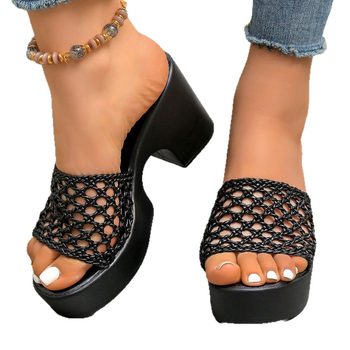 Νέες καλοκαιρινές παντόφλες μεγάλου μεγέθους Cross-Border, μονόχρωμες, υφασμάτινες, ψηλοτάκουνες, με στρογγυλή μύτη, χοντρές σόλα και χοντρό τακούνι