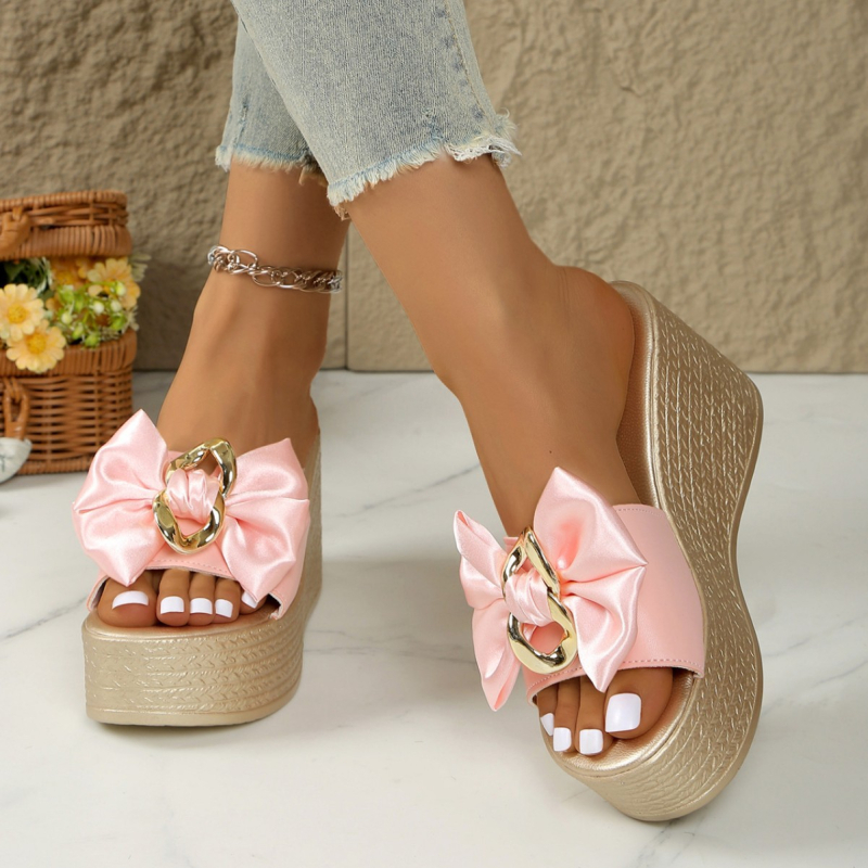 Ženske papuče s debelim potplatom i mašnom, velike veličine, modne metalne kopče, udobna peta, platforma s jednim remenom, 43