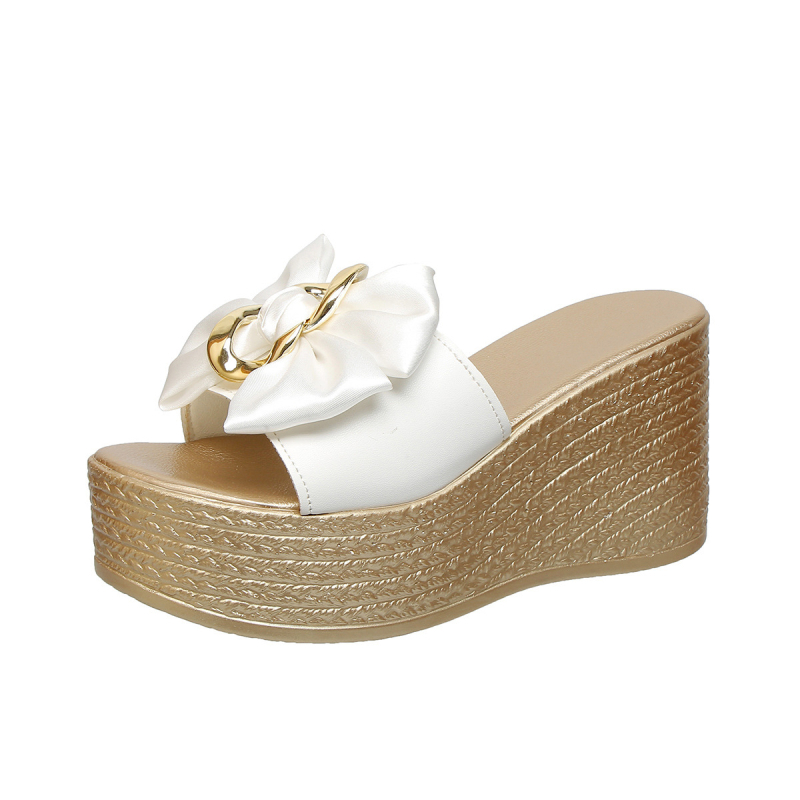 Ženske papuče s debelim potplatom i mašnom, velike veličine, modne metalne kopče, udobna peta, platforma s jednim remenom, 43