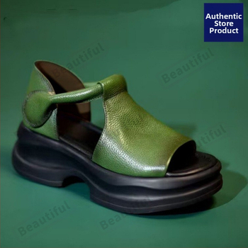 Ρωμαϊκά σανδάλια με χοντρή σόλα και ρετρό τακούνι και τσάντα για καλοκαιρινές εξωτερικές εμφανίσεις γυναικών 2025, νέα δερμάτινα παπούτσια με πλατφόρμα ψαριού, ανοιχτά δάχτυλα, παπούτσια θαλάσσης