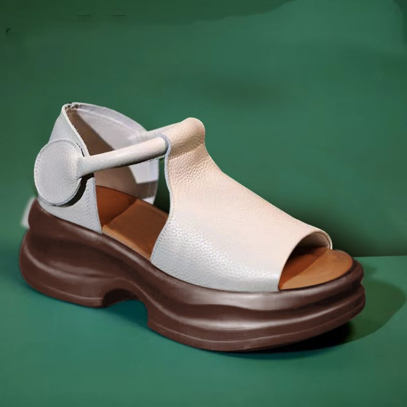 Rimske sandale s debelim potplatom, retro torbastim potpeticama za žene, ljetna vanjska odjeća, nove cipele s platformom i ribljim ustima, prekrivene kožom, cipele za plažu s otvorenim prstima i uzorkom ribljih usta.