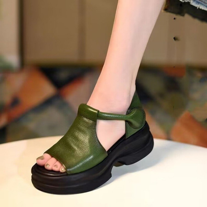 Rimske sandale s debelim potplatom, retro torbastim potpeticama za žene, ljetna vanjska odjeća, nove cipele s platformom i ribljim ustima, prekrivene kožom, cipele za plažu s otvorenim prstima i uzorkom ribljih usta.