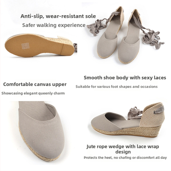 Εξωτερικό Εμπόριο Διασυνοριακά 2024 Νέα Ψάθινα Παπούτσια με Σφηνωτό Τακούνι Γυναικεία Καλοκαιρινά Σανδάλια από Κάνναβη με Δέσιμο Άνετα Γαλλικά Ψηλοτάκουνα