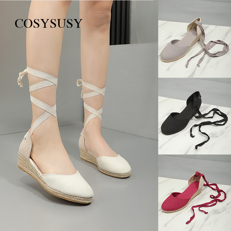 Εξωτερικό Εμπόριο Διασυνοριακά 2024 Νέα Ψάθινα Παπούτσια με Σφηνωτό Τακούνι Γυναικεία Καλοκαιρινά Σανδάλια από Κάνναβη με Δέσιμο Άνετα Γαλλικά Ψηλοτάκουνα